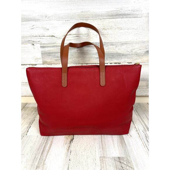 Joy Mangano Women’s Red Leather Large Tote Bag Purse Laptop Weekender NEW - Picture 2 of 9